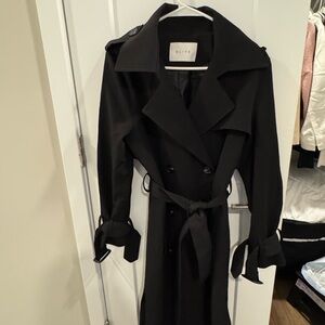 Olive Black Double-Breasted Trench Coat with Tie Waist